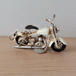 White motorbike miniature, vintage, metal miniature, harley type motorbike, shabby decor, white harley tin miniature,