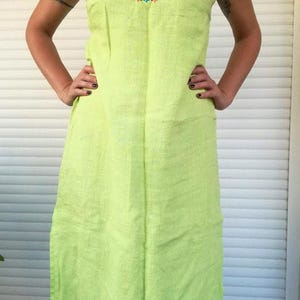 Vintage linen dress, lime green long dress, embroidered linen summer dress, caftan, ethnic folk art linen dress, late nineties