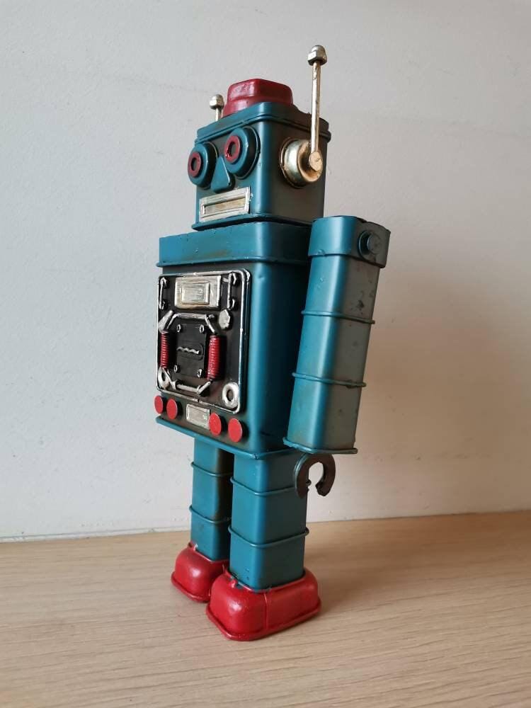 ギアーロボット 赤・緑・青　ブリキの玩具 青いロボットおもちゃ、ブリキの金属製ロボットおもちゃ、可動部分の