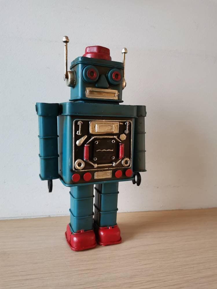 青いロボットおもちゃ、ブリキの金属製ロボットおもちゃ、可動部分の
