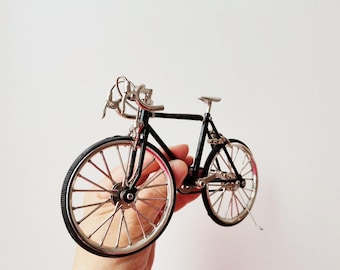 Black bicycle miniature, vintage collectible toy, black bicycle, movable parts bicycle, retro racing bike in jet black, early ninieties