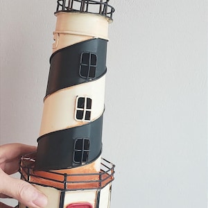 Lighthouse piggy bank miniature, round lighthouse sculpture in black and white twirl, beach house decorative lighthouse figure