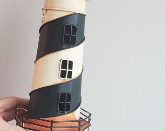 Lighthouse piggy bank miniature, round lighthouse sculpture in black and white twirl, beach house decorative lighthouse figure