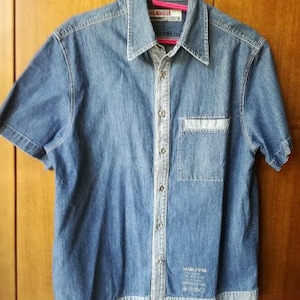 Denim, camicia a maniche corte, camicia in denim vintage da uomo, camicia in denim bicolore con bottoni in metallo, fine anni ottanta