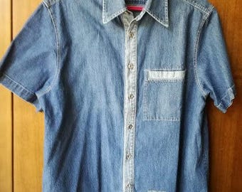 Camisa vaquera de manga corta, camisa vaquera vintage para hombre, camisa vaquera bicolor con botones de metal, finales de los ochenta