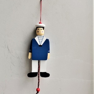Wooden sailor marionette, wooden puppet of boy sailor, moving parts wooden toy of little sailor