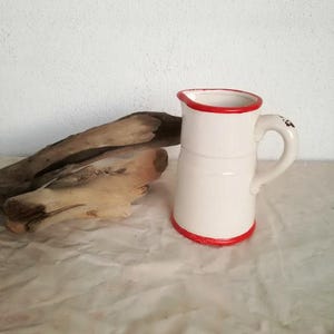 Rustic white jug, ceramic white pitcher, vintage earthenware jug in white glaze with red rims, small white pitcher in conical form