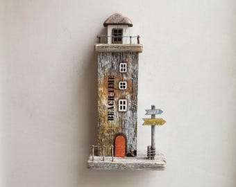Faro decorativo in legno, piccola lampada da faro, faro rustico boho, faro con decorazioni per la casa sulla spiaggia, faro vintage in legno galleggiante