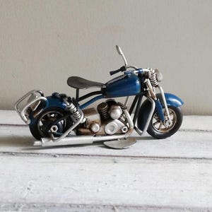 Royal blue motorbike miniature, vintage, metal miniature, harley type motorbike, shabby decor, tin harley miniature, retro collectible bike