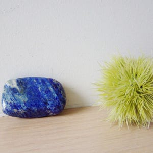 May include: A smooth, polished blue and white lapis lazuli stone with a swirling pattern. The stone is sitting on a light wood surface next to a green, fluffy, artificial plant.