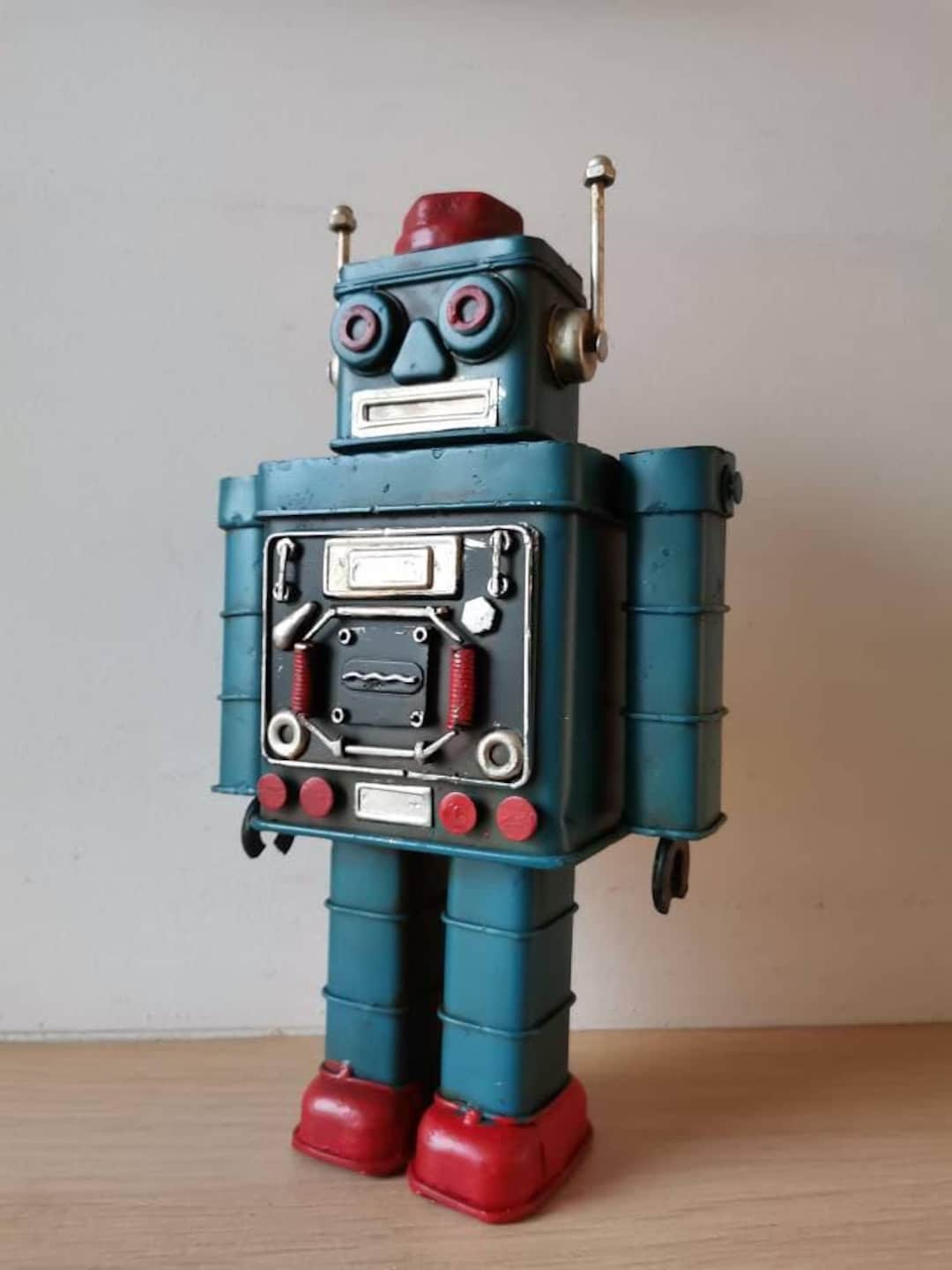 青いロボットおもちゃ、ブリキの金属製ロボットおもちゃ、可動