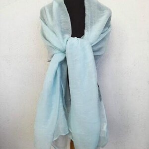 Sky blue scarf, vintage viscose scarf, long aqua blue scarf, pale blue long shawl, knotted thread fabric shawl, early nineties