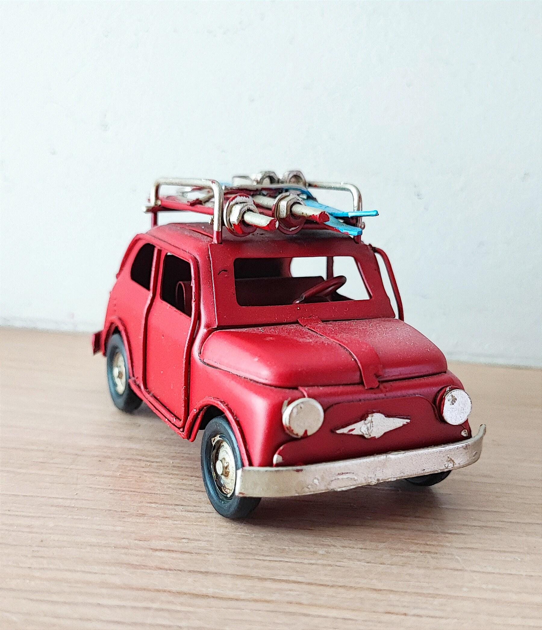 Vintage, italian car miniature, retro collectible miniature, red 500 with blue skiis on rack, red italian car miniature