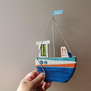 Blue fishing boat, wall decor ceramic boat, greek fishing boat with blue white flag, fishing boat wall hanging, blue rustic boat