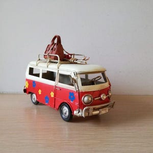 Red van miniature, hippie van in red and creamy white with painted flowers and baggage on baggage rack, collectible van miniature