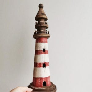 Wooden lighthouse figure, round lighthouse sculpture, boho beach house decor lighthouse, red white lighthouse miniature
