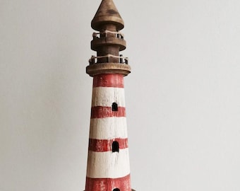 Wooden lighthouse figure, round lighthouse sculpture, boho beach house decor lighthouse, red white lighthouse miniature