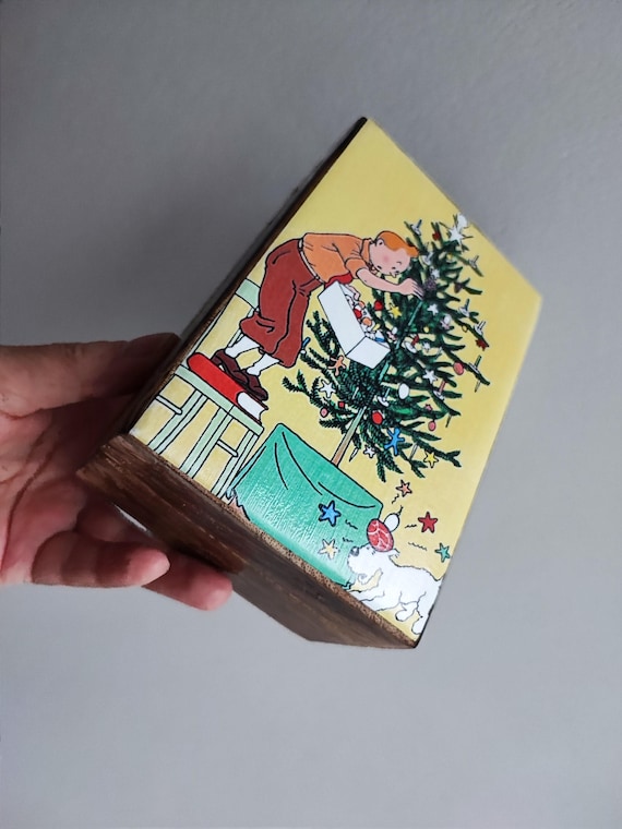 Christmas Wooden Box With Tenten Decoupage, Vintage Illustration