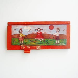 Jumping rope folk painting, salvaged wood painting of girls jumping rope, vintage greek folk art, art brute painting on wood