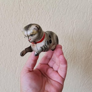 Tin cat toy, vintage tin cat wind up toy from post war germany, antique tiger cat wind up toy