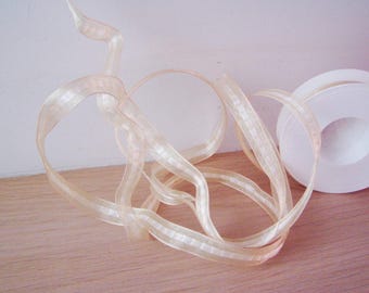Cream wired ribbon, transparent, organza ribbon with cream stripe centre and golden thread, holiday crafts, wedding decor ribbon, 5 yards