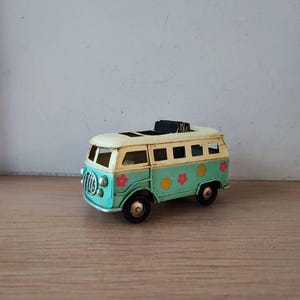 Blue hippie van, tiny cream and turquoise, vintage hippie van with flowers decor with open roof, blue white hippie van,  retro mini vw