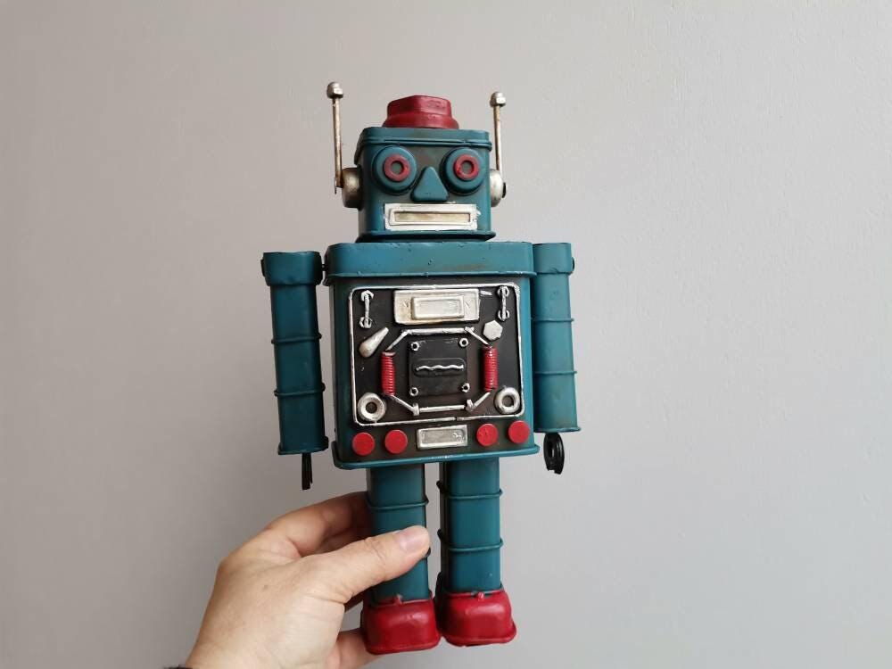 青いロボットおもちゃ ブリキ製 Amazon.co.jp: 金属ブリキロボット玩具レトロ電動回転フィギュア
