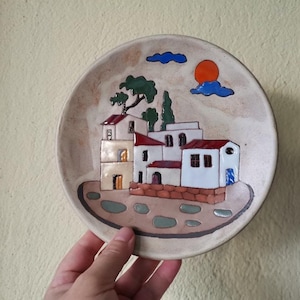 Terracotta ceramic plate, decorative plate of red, earthenware clay, vintage, wall plate with flowers decor, greek fok art