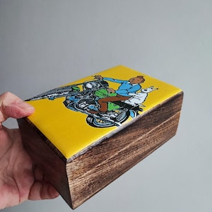 Tenten wooden box with tenten decoupage, vintage illustration of tenten and milou on motorbike