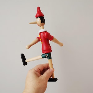 Moving pinocchio figurine, vintage pinocchio toy with movable parts, wooden pinocchio miniature toy, retro wooden toy