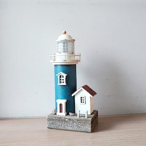 Blue wooden lighthouse, rustic lighthouse figure, beach house decor lighthouse, vintage lighthouse with on off light fixture