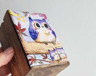 Houten uilendoos met decoupage met uilillustratie, vintage geschenkdoos met uilillustratie, opbergdoos sieraden met schattig uildecoupage