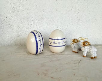 Vintage ceramic egg, white and blue ceramic, easter egg, life size large earthenware egg, vintage easter decor, easter egghunt, mid eighties