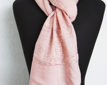 Vintage indian scarf, long beige scarf with beige embroidery and tasseled ends, long, boho cotton scarf, mid seventies