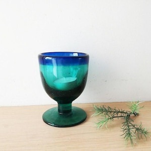 Vintage green goblet, vintage handblown glass in green and blue, green glass goblet with blue rim, vintage goblet or tea light, mid eighties