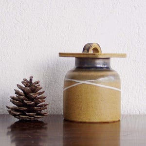 Puede incluir: Un jarrón de cerámica de color canela con tapa y diseño blanco entrecruzado. El jarrón tiene un asa en la parte superior y está junto a una piña marrón. El jarrón está sobre una superficie marrón oscuro.