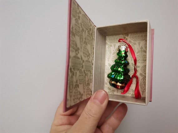 Xmas tree ornament, vintage xmas tree ornament in a box, traditional christmas tree miniature ornament in vintage box with xmas decor