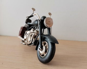 Black motorcycle miniature, retro collectible miniature of black, vintage motorbike with brown saddlebags, boho motorbike gift
