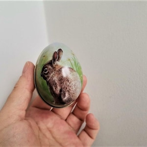 Easter egg box, vintage, metal tin box with antique, easter illustration, of bunny in the grasses, easter collectible egg