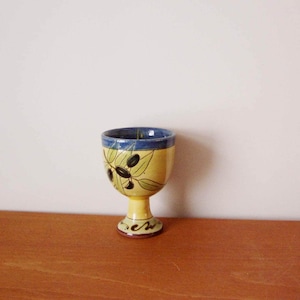 Vintage ceramic goblet, greek earthenware ceramic goblet, glazed in bright yellow and blue,decorated  with black olives, early nineties