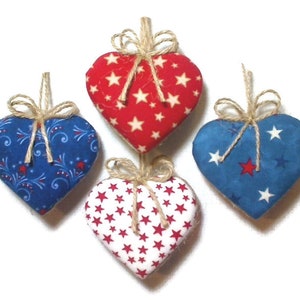 Americana Heart Ornaments Patriotic Decor July 4th Fabric Heart Party Favors Red White & Blue Handmade Tree Ornament Set/4 2 image 2