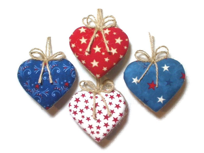 Americana Heart Ornaments Patriotic Decor July 4th Fabric Heart Party Favors Red White & Blue Handmade Tree Ornament Set/4 2 image 2