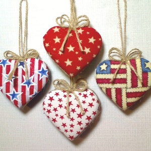 Americana Heart Ornaments Patriotic Decor July 4th Fabric Heart Party Favors Red White & Blue Handmade Tree Ornament Set/4 2 image 4