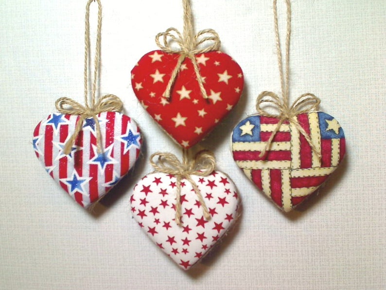 Americana Heart Ornaments Patriotic Decor July 4th Fabric Heart Party Favors Red White & Blue Handmade Tree Ornament Set/4 2 image 4