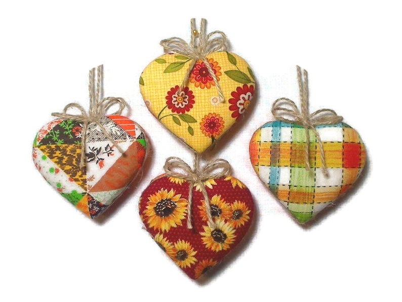 Fall Heart Ornaments Fall Decor Thanksgiving Party Favors Holidays Handmade Gift Idea Rustic Decor Earth tones Set/4 3 image 1