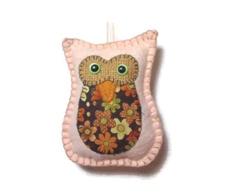 Small Peach/Floral Owl Ornament | Fall Decor | Felt Owl Ornament | Tree Ornament | Handmade Gift Idea | Birthday | Folk Art | #1