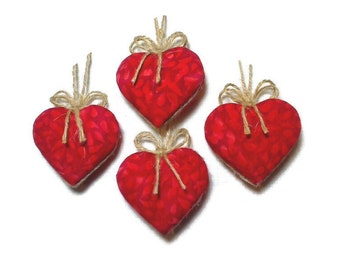 Small Batik Red Heart Ornaments | Gift Idea | Party Favor | Love Friendship | Wreath Accent | Package Tie On | Set/4 | #1