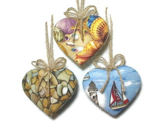 Nautical Heart Ornaments | Coastal Decor | Summer Decor | Party Favor | Ocean Decor | Sailboat & Seashells | Handmade | Set/3 |#2