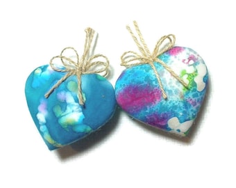 Blue  Batik Heart Ornaments | Party Favors | Wedding/Bridal | Tree Ornament | Valentine's Day | Handmade Gift Idea | Christmas | Set/2 | #1