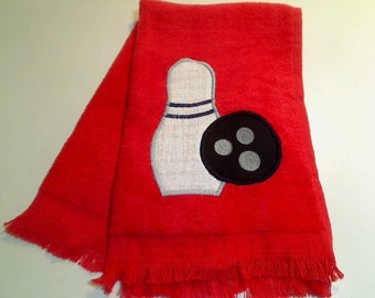 Red Bowling Sport Towel | Team Sports | Appliqued Pin and Ball | Bowling Party Favor | Gift for Him or Her